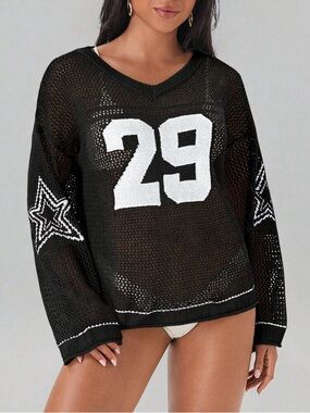 Shein Mesh Sweater Boston 29 Star Accents‎ black white size large